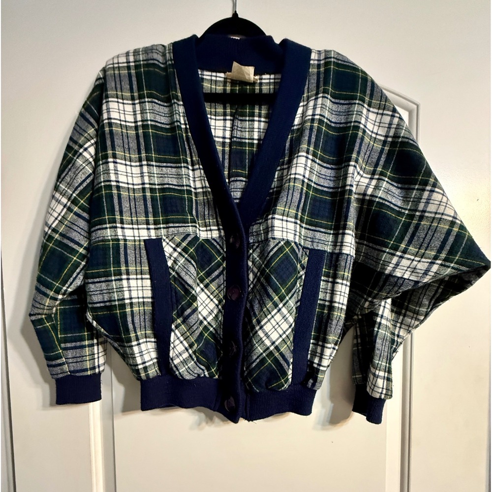 Tobi Plaid Cardigan Sweater 7 Green Navy Blue Vintage 80s Dolman Sleeve Preppy